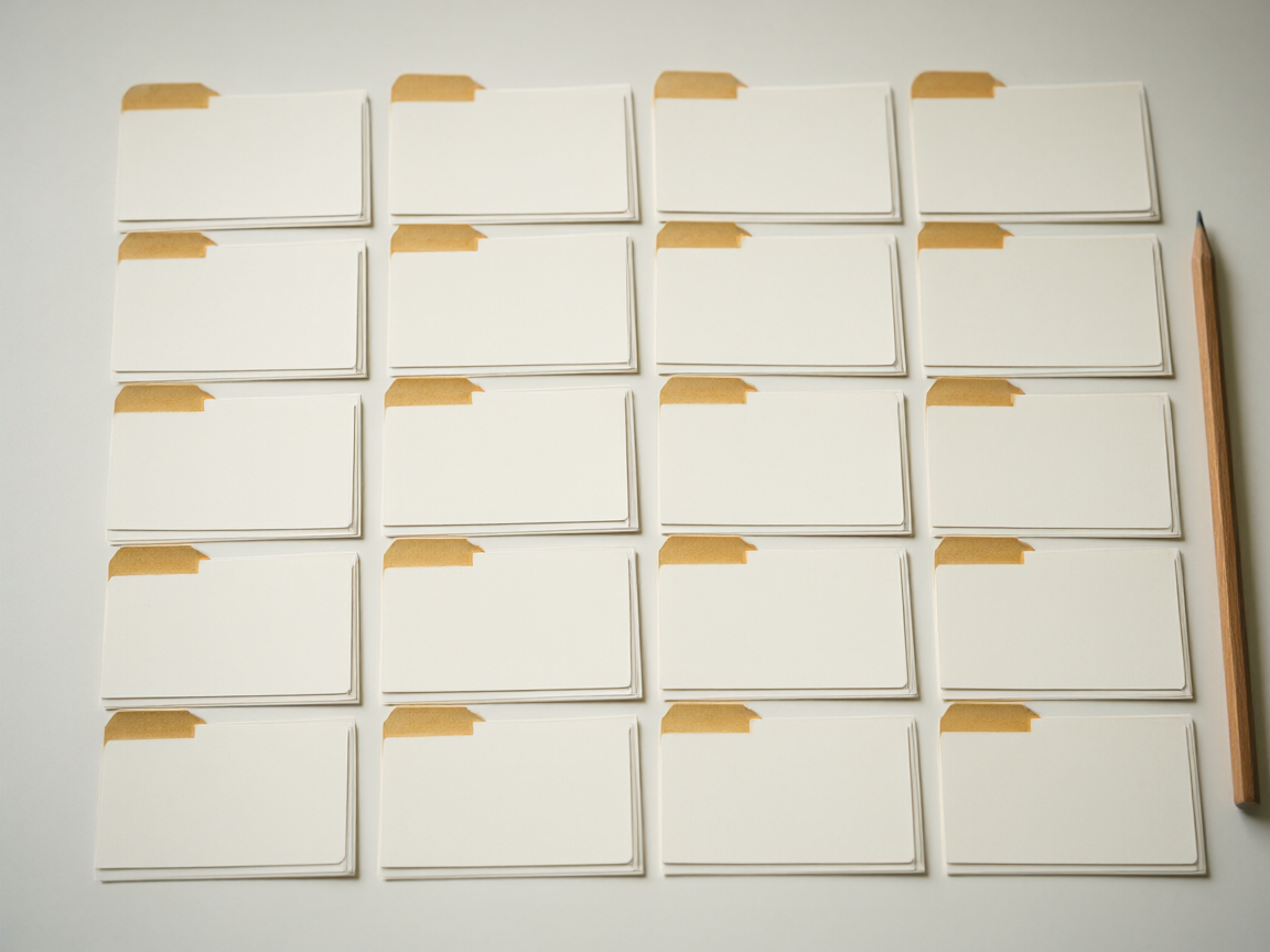 Twenty blank index cards taped in a grid to a pale wall, a pencil laid beside them.