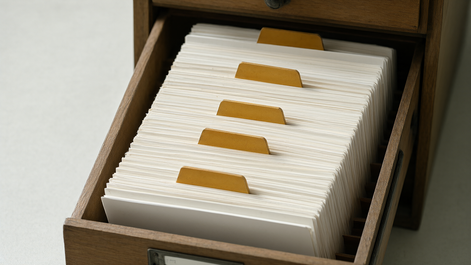 An open wooden card-catalogue drawer packed with white index cards and mustard tabs.