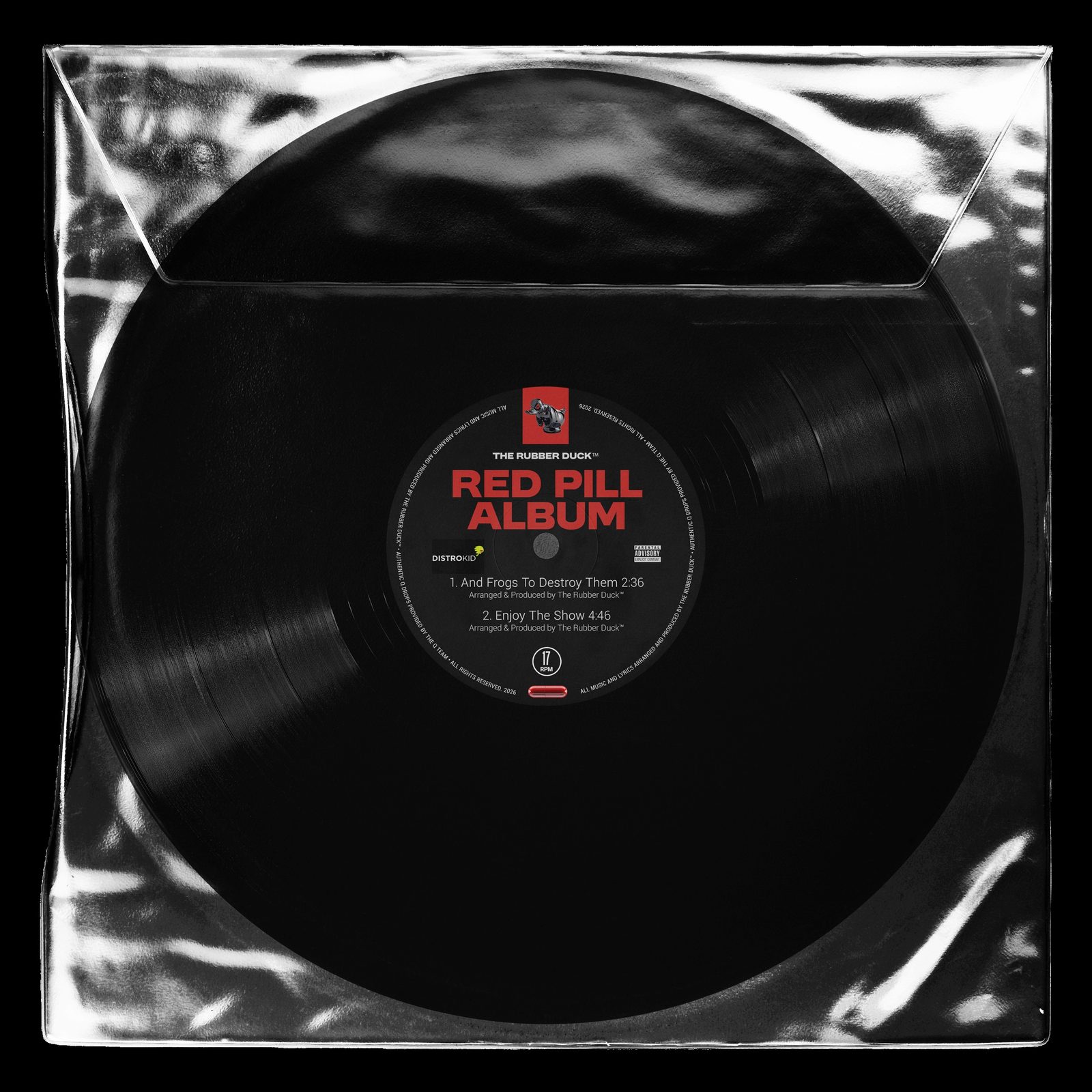 The record itself: a black vinyl disc inside a clear plastic sleeve, its centre label reading “Red Pill Album” with track listings below.