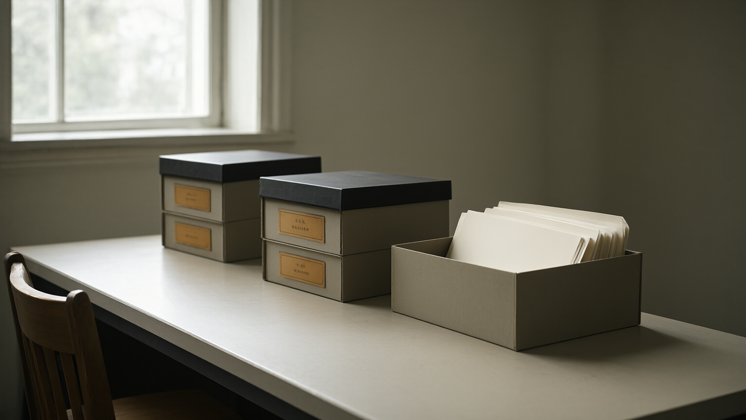 A reading room in flat daylight — bone paper and charcoal metal, a bound index open on a desk