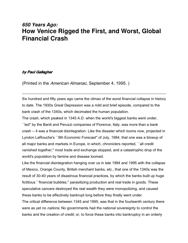 First page of 650 Years Ago How Venice Rigged the First Global Crash
