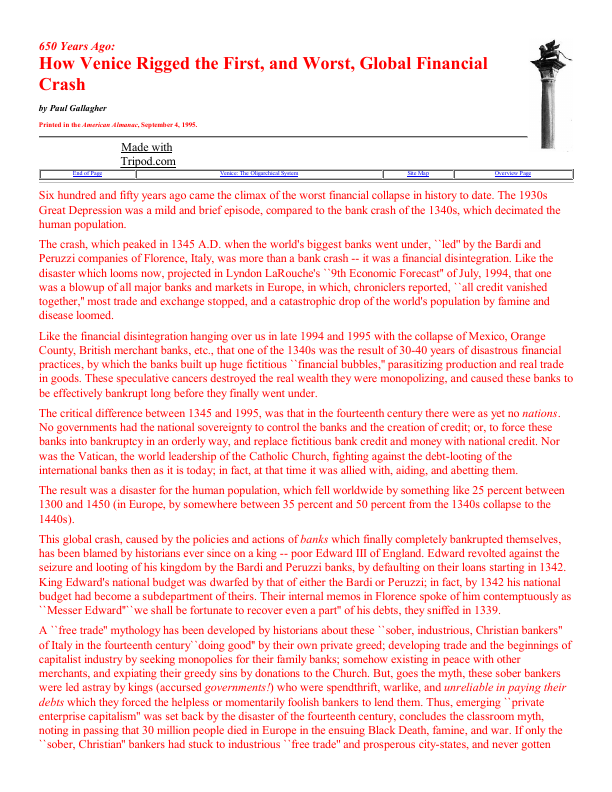 First page of 650 Years Ago How Venice Rigged the First, and Worst, Global Financial Collapse