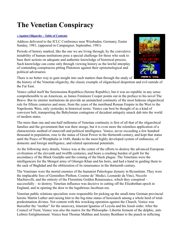 First page of Against Oligarchy The Venetian (Black Nobility Khazar Canaanite) Conspiracy