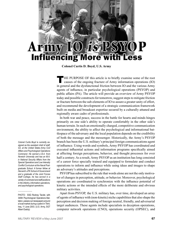 First page of Army IO is PSYOP Influencing More with Less