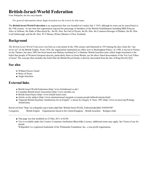 First page of British Israel World Federation Wikipedia, the free encyclopedia