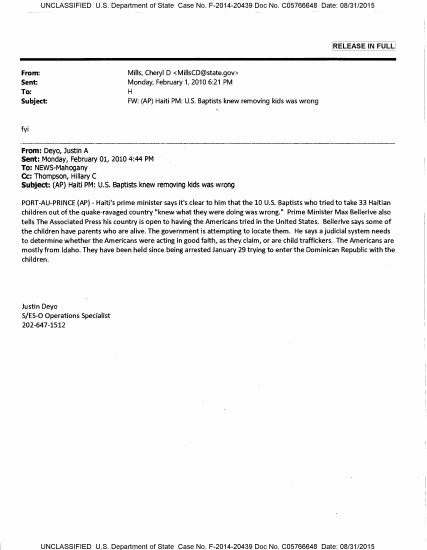 First page of State Dept. Email C05766648: Haiti Baptists
