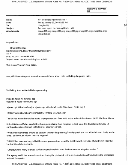 First page of State Dept. Email C05773185: Missing Kids in Haiti