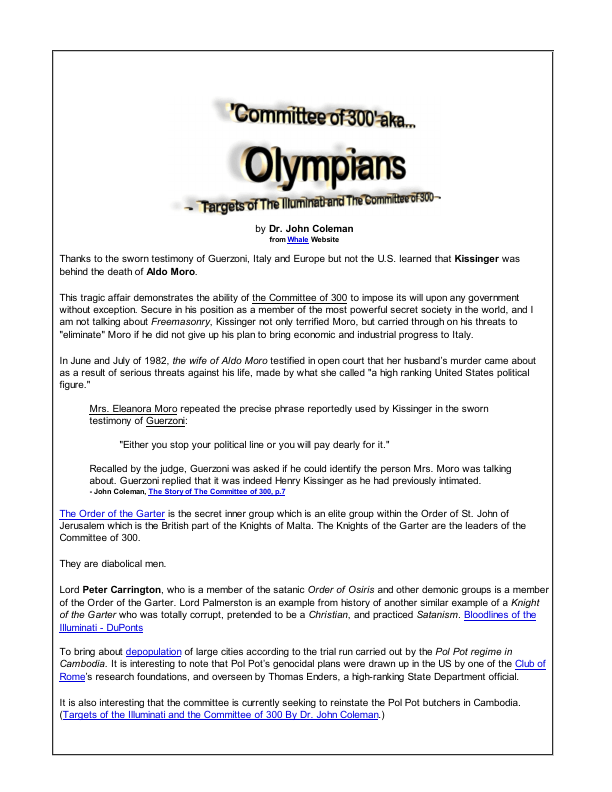 First page of Committee of 300 aka Olympians Targets of The Illuminati and The Committee of 300