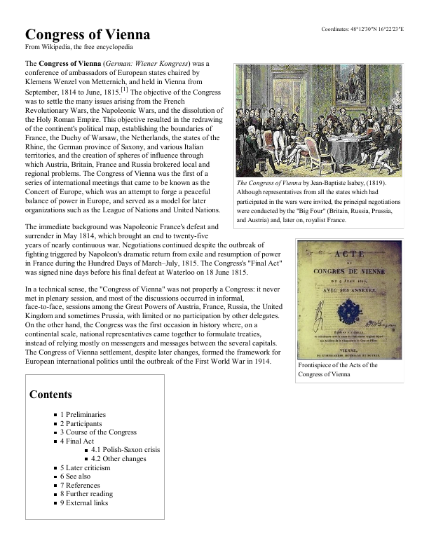 First page of Congress of Vienna (Black Nobility Oligarchs Reps) Wikipedia