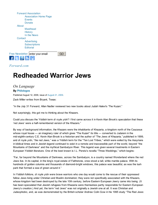 First page of Fabled Redheaded Warrior Jews Forward
