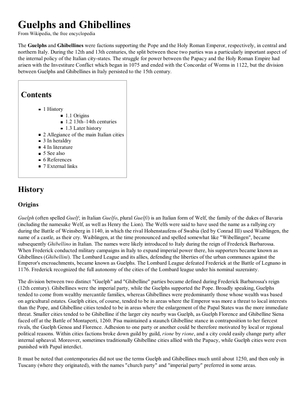 First page of Guelphs and Ghibellines Wikipedia, the free encyclopedia