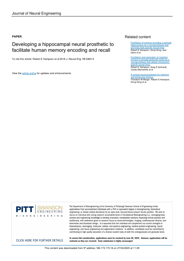 First page of Hippocampal neural prosthetic