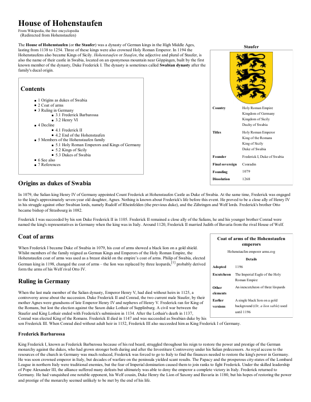 First page of House of Hohenstaufen Wikipedia, the free encyclopedia