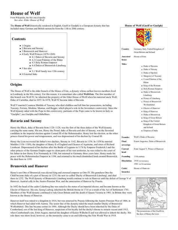 First page of House of Welf Wikipedia, the free encyclopedia