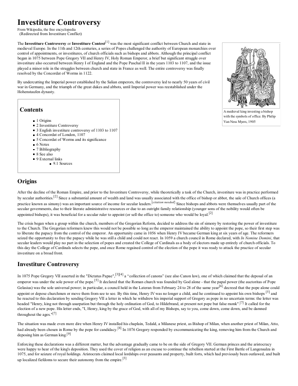 First page of Investiture Controversy Wikipedia, the free encyclopedia