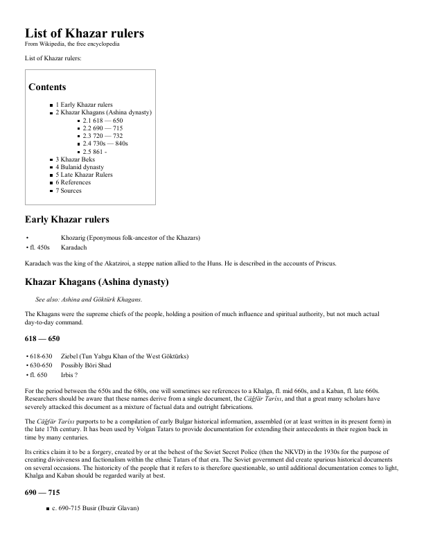 First page of List of Khazar rulers Wikipedia, the free encyclopedia