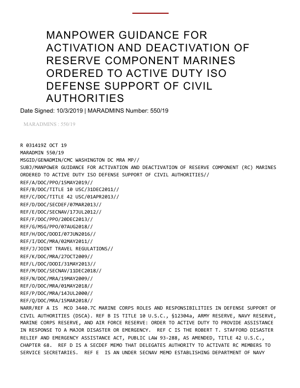 First page of MANPOWER GUIDANCE FOR ACTIVATION AND DEACTIVATION OF RESERVE COMPONENT MARINES ORDERED …