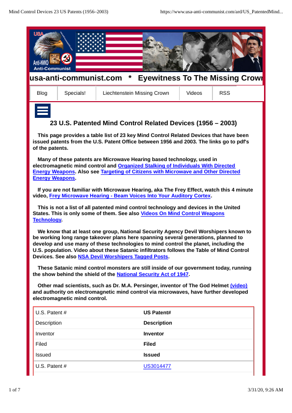First page of MIND CONTROL PATENTS