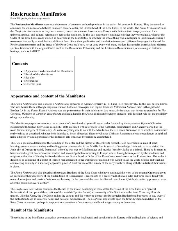 First page of Rosicrucian Manifestos Wikipedia, the free encyclopedia