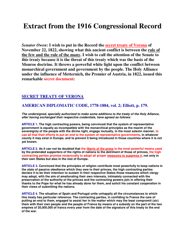 First page of Secret Treaty of Verona 1916 Congressional Record