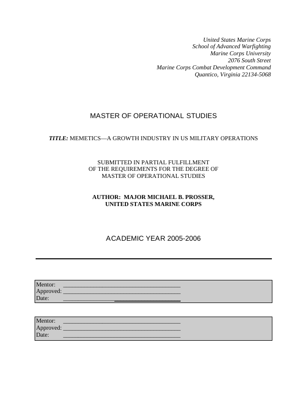 First page of THESIS MEMETICS A GROWTH INDUSTRY IN US MILITARY OPERATIONS