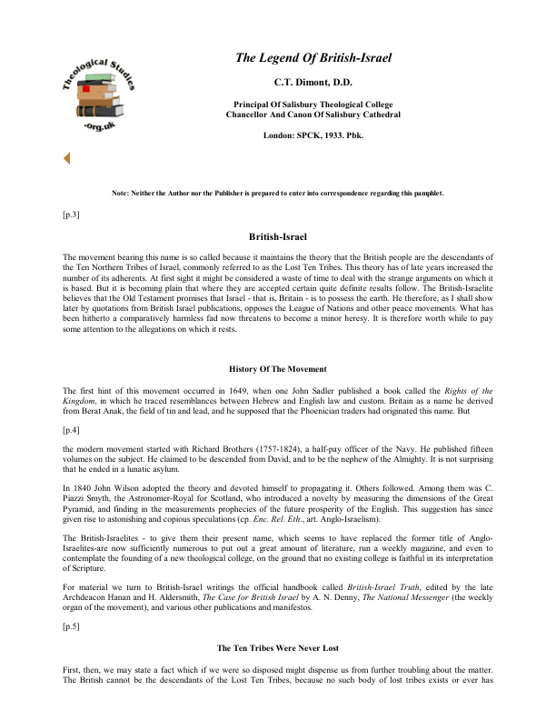 First page of The Legend Of British Israel by C.T. Dimont