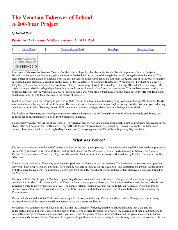 First page of The Venetian (Black Nobility) Takeover of England a 200 year project
