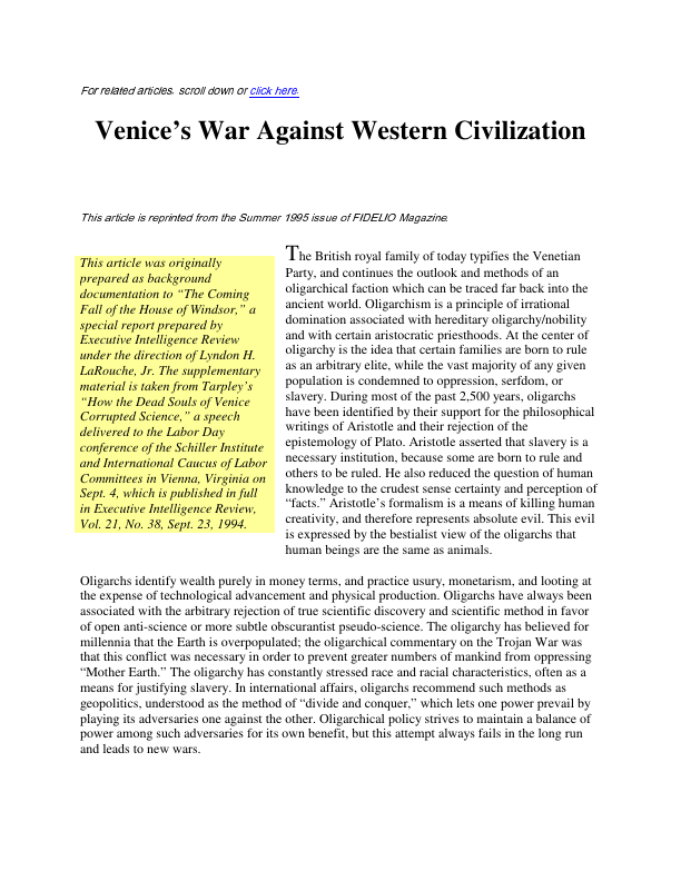 First page of Venice's (Black Nobility's) War Against Western Civilization