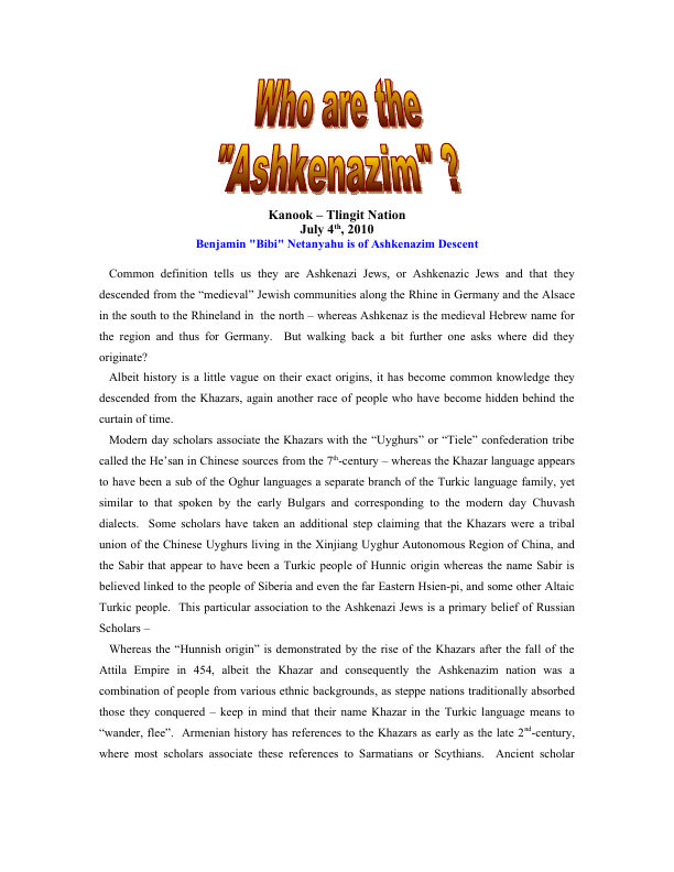 First page of Who Are the Ashkenazim Kanook, Tlingit Nation