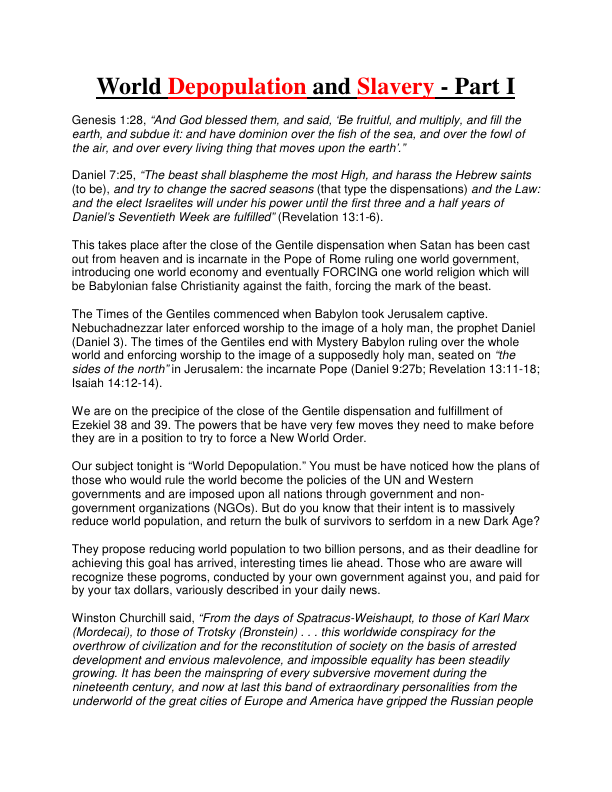 First page of World Depopulation and Slavery A Christian Point of View