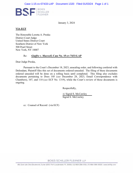First page of Giuffre v. Maxwell: Unsealed Documents