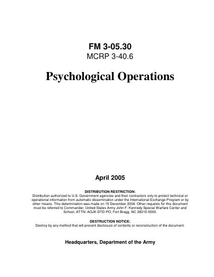 First page of FM 3-05.30: Psychological Operations